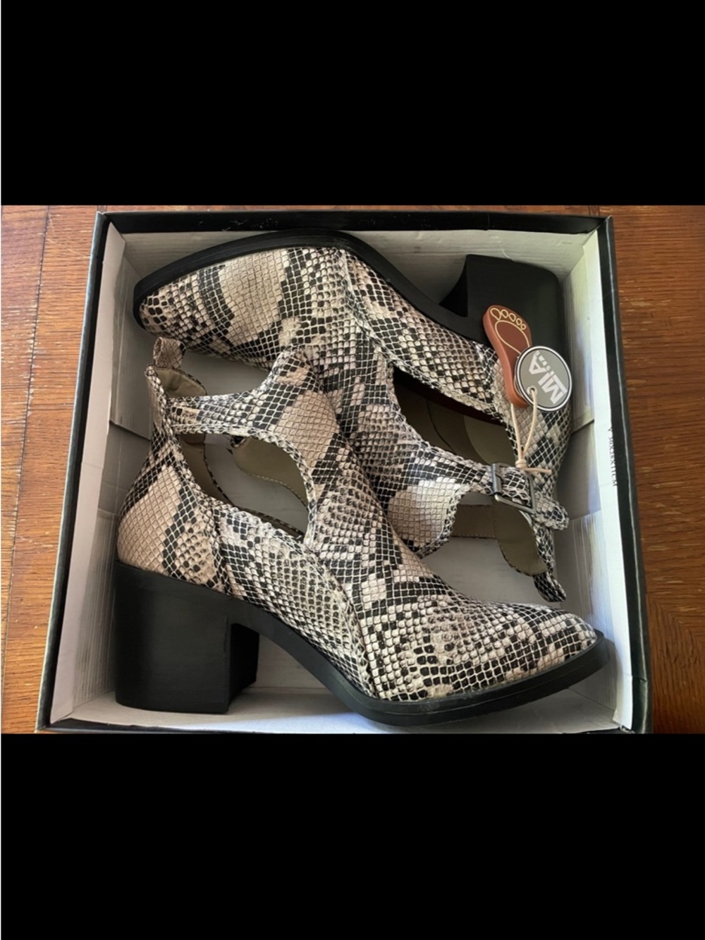 Snake-Print Cutout Block Heel Booties - White/Black
